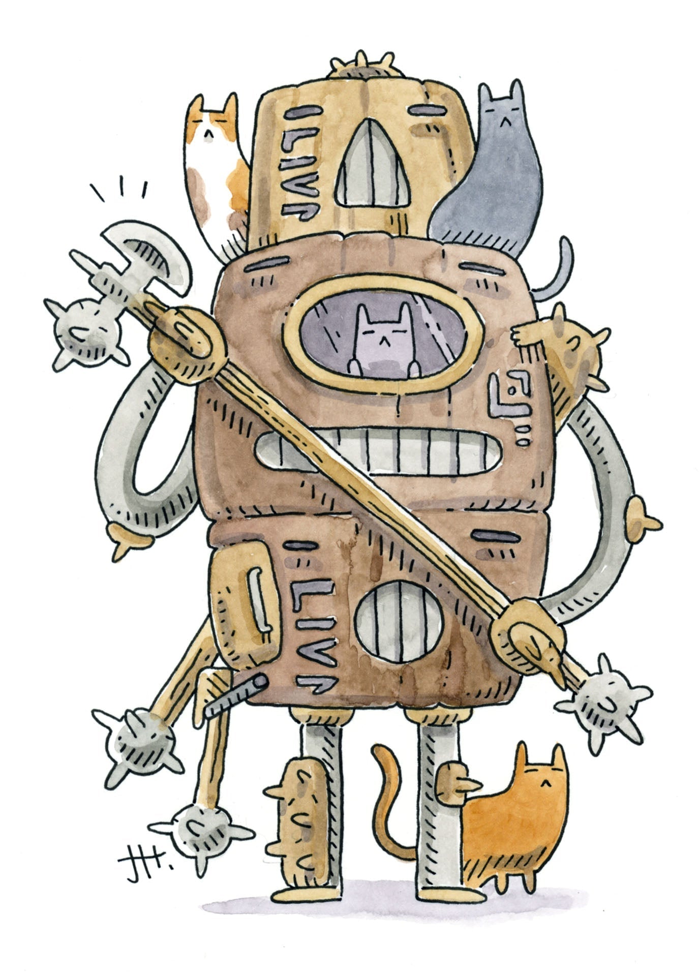 Sketch A Day 14, Robot and Cats