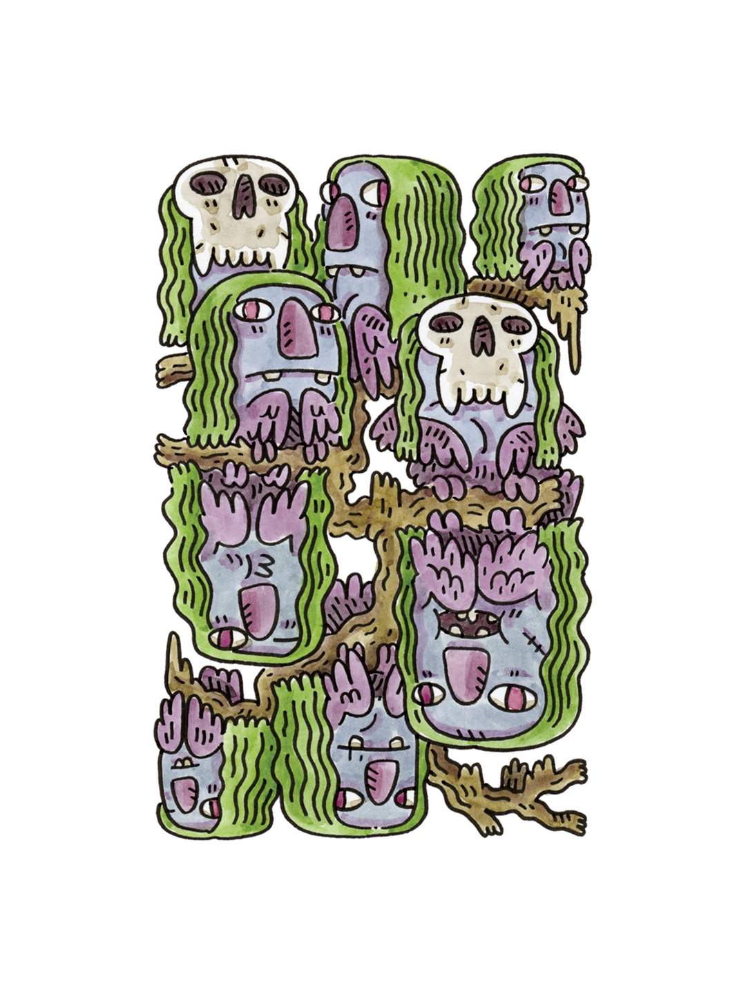 9 of Clubs Ink &amp; Watercolor (Original)