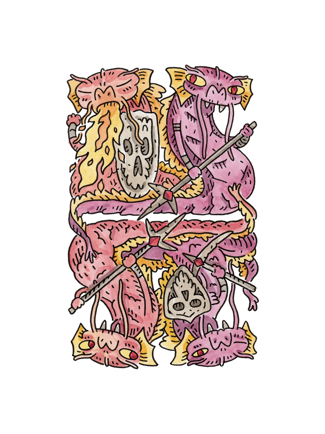 4 of Diamonds Ink &amp; Watercolor (Original)